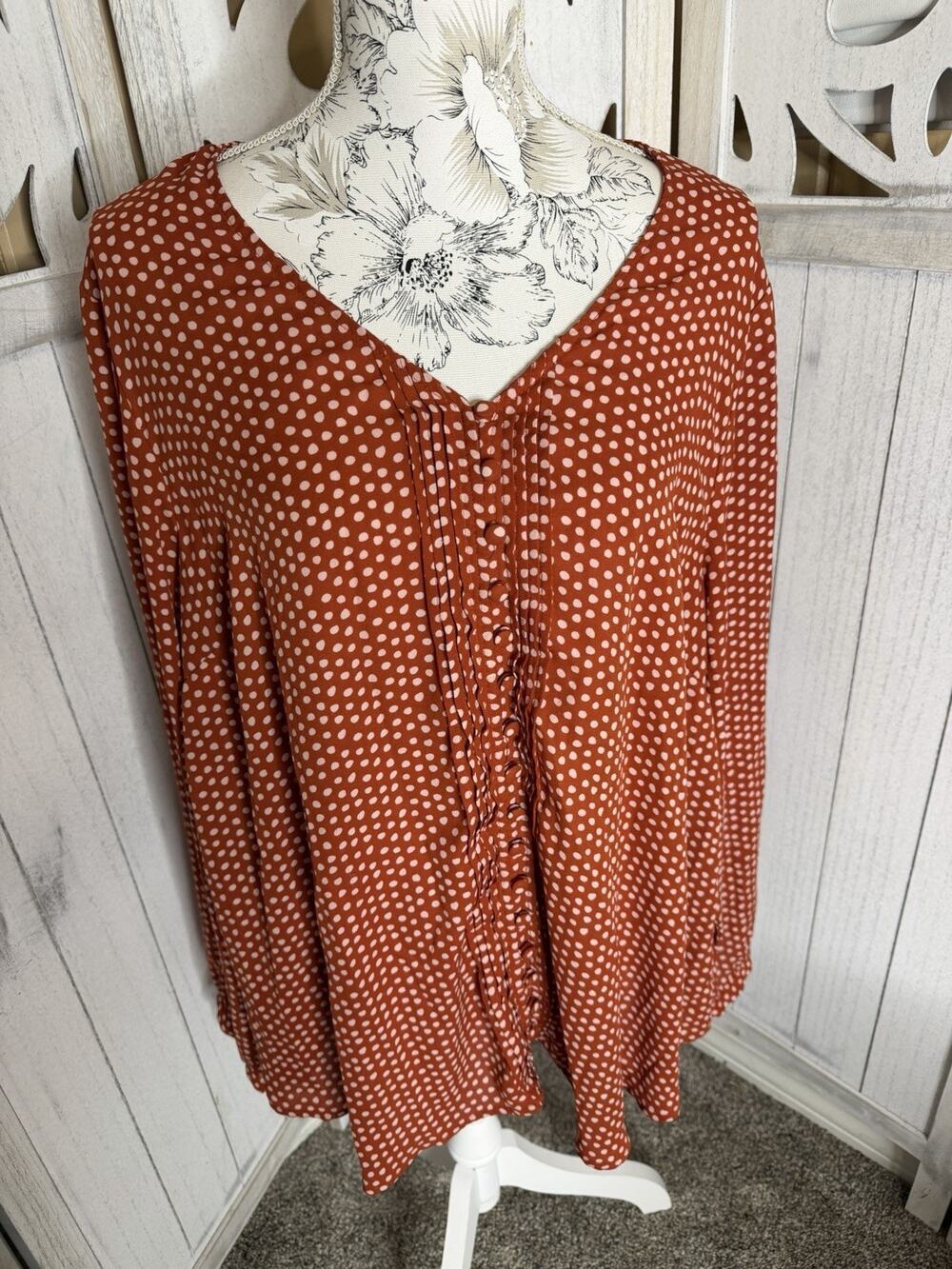 Torrid Burnt Orange Pullover Polka Dot Long Sleeve Blouse Button Down Sz 3 (3X)